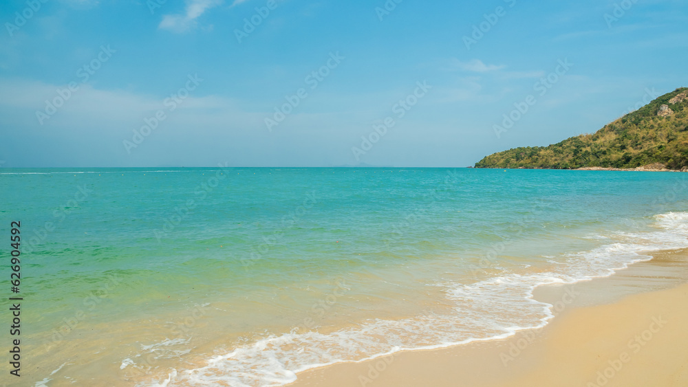 Beautiful Landscape summer panorama front view wide mountain tropical sea beach white sand clean and blue sky background calm Nature ocean wave water travel at Sai Kaew Beach thailand Chonburi