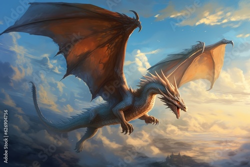 In the clouds. Mighty dragon. Beautiful illustration picture. Generative AI