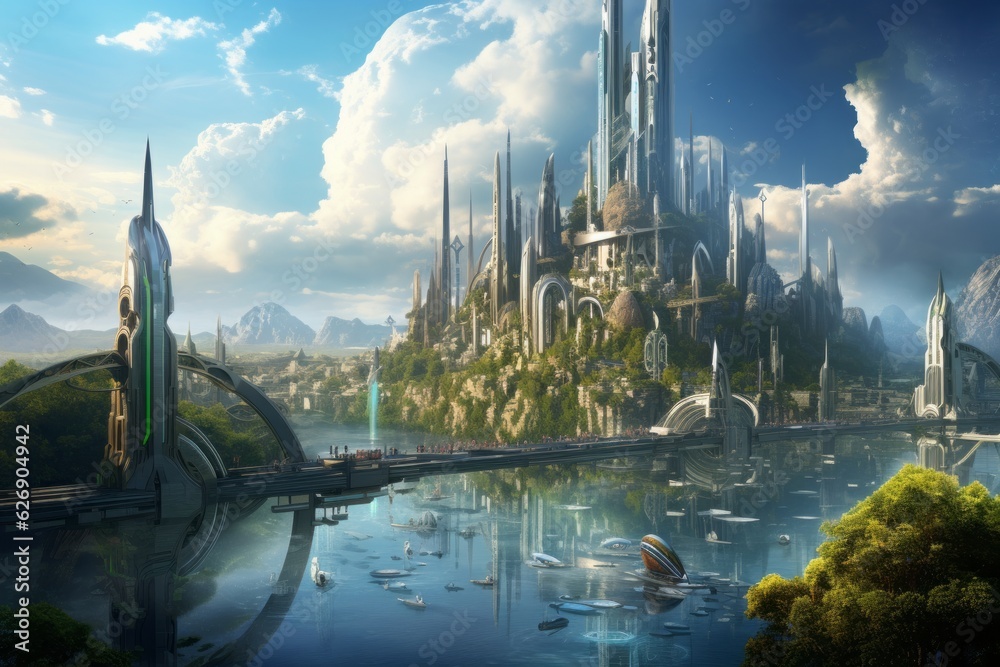 Green trees. Big futuristic city view. Beautiful illustration picture. Generative AI