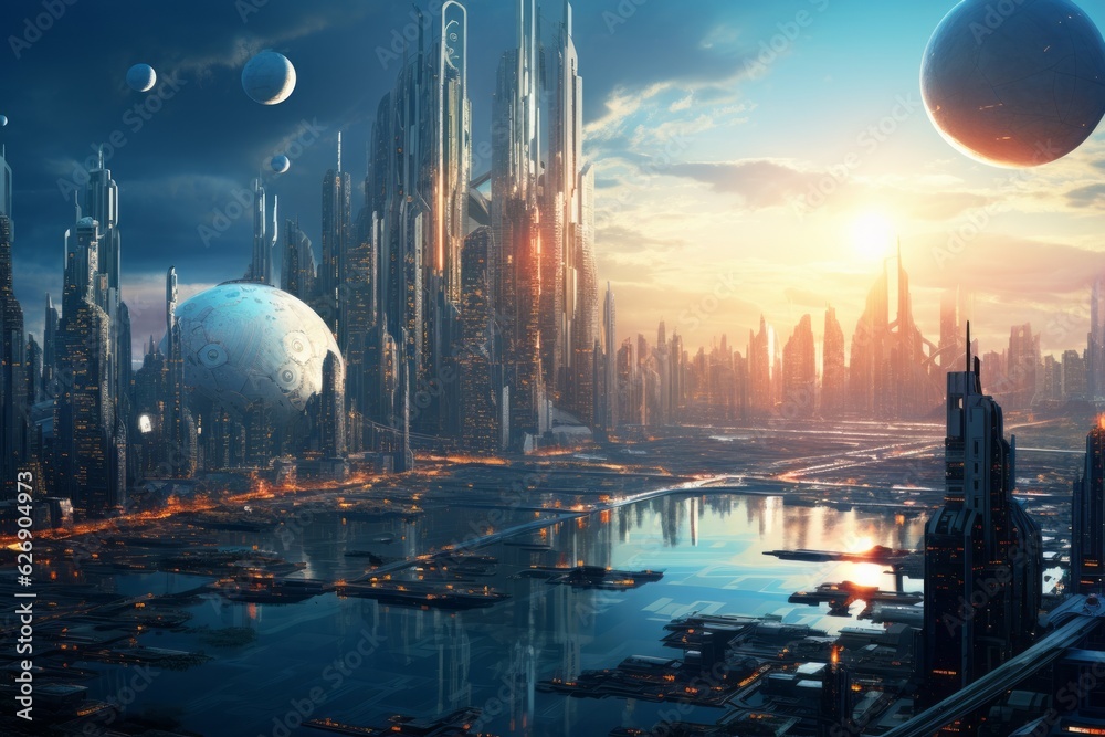 Planets in the sky. Big futuristic city view. Beautiful illustration picture. Generative AI