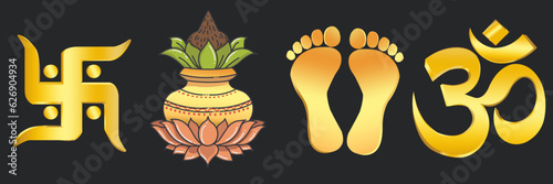 auspicious symbols from Hindu culture vector isolated gold set,om,aum,swastik symbol,devi paduka,kalash.