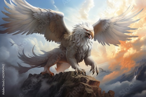 Gryphon in the sky, majestic fantasy creature. Beautiful illustration picture. Generative AI photo