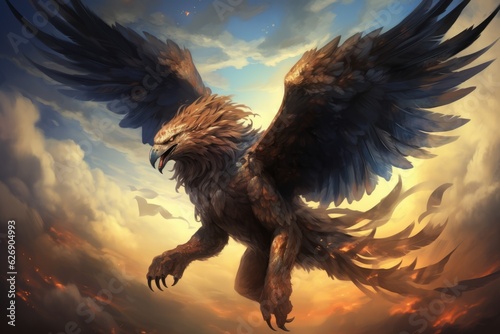 Gryphon in the sky, majestic fantasy creature. Beautiful illustration picture. Generative AI photo