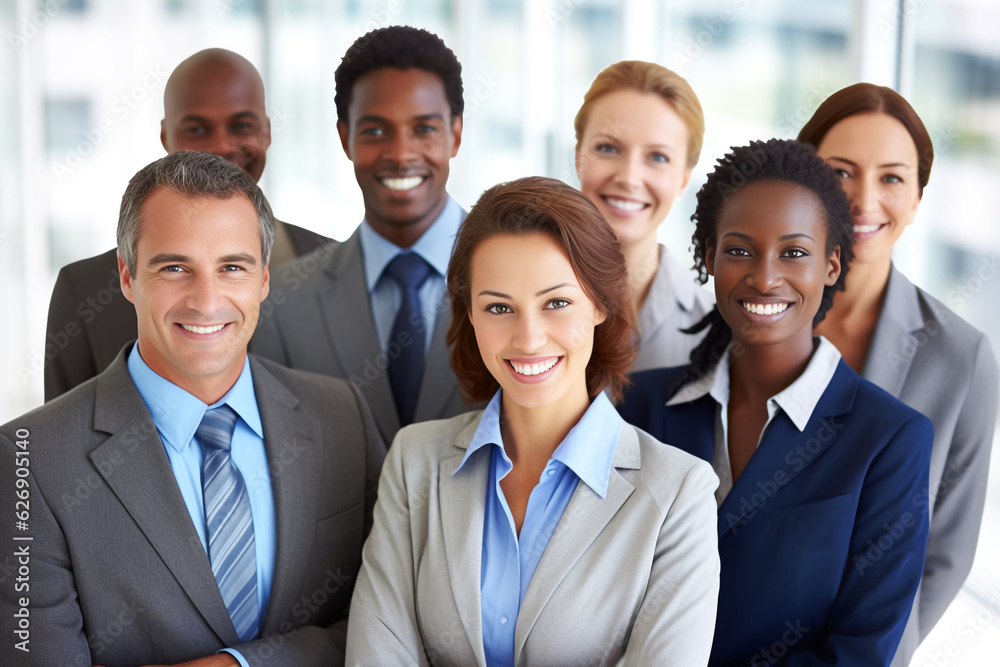 A diverse group of businesspeople poses for a professional team photo, exuding confidence and professionalism, while looking smart and impeccable. Generative AI. A diverse group of businesspeople poses for a professional team photo, exuding confidence and professionalism, while looking smart and impeccable. Generative AI.