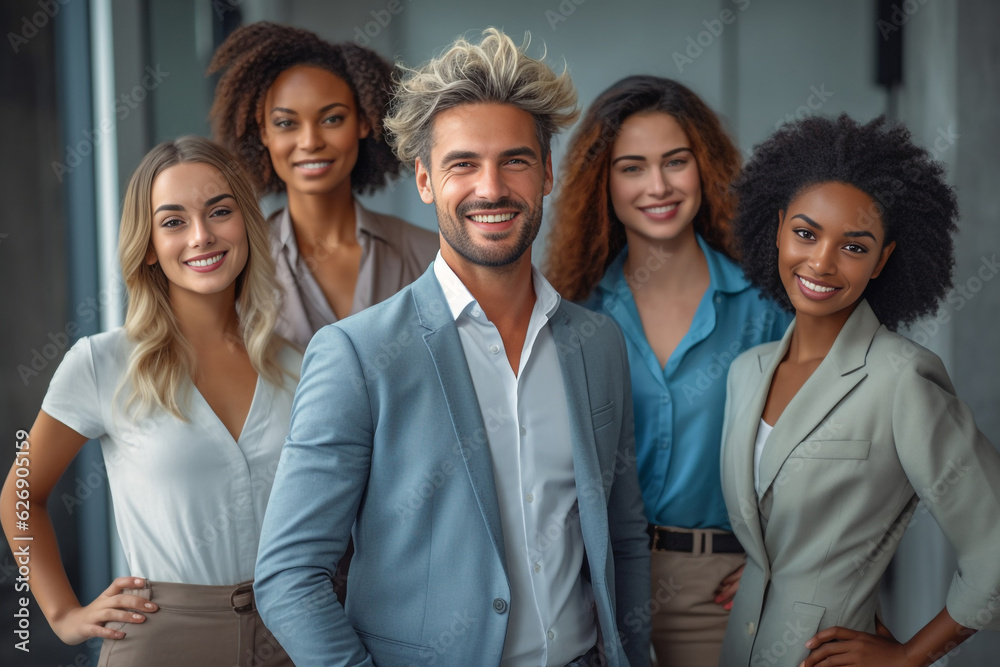 A diverse group of businesspeople poses for a professional team photo, exuding confidence and professionalism, while looking smart and impeccable. Generative AI. A diverse group of businesspeople poses for a professional team photo, exuding confidence and professionalism, while looking smart and impeccable. Generative AI.