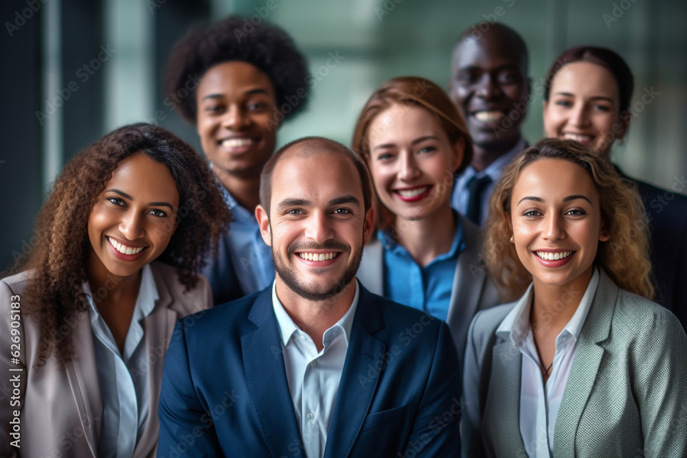 A diverse group of businesspeople poses for a professional team photo, exuding confidence and professionalism, while looking smart and impeccable. Generative AI. A diverse group of businesspeople poses for a professional team photo, exuding confidence and professionalism, while looking smart and impeccable. Generative AI.