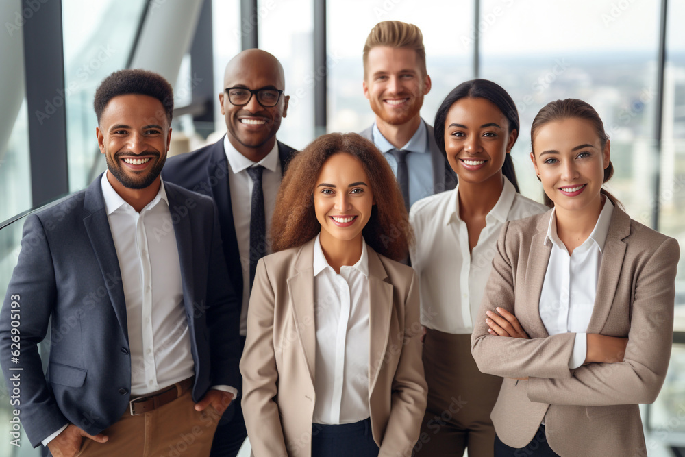 A diverse group of businesspeople poses for a professional team photo, exuding confidence and professionalism, while looking smart and impeccable. Generative AI. A diverse group of businesspeople poses for a professional team photo, exuding confidence and professionalism, while looking smart and impeccable. Generative AI.