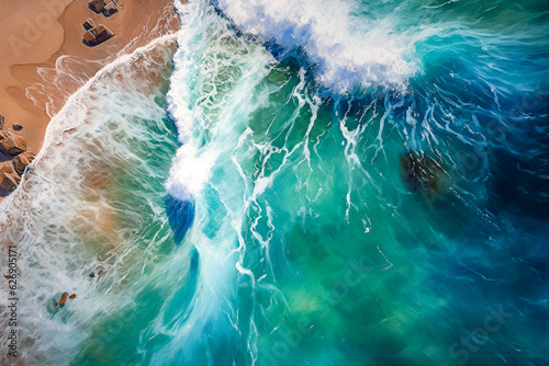 Plage, mer, vagues et océan turquoise vue de dessus par drone - Générative IA
