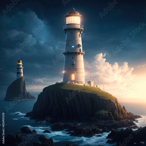 Two lighthouses on the islands in the sea shine at night.