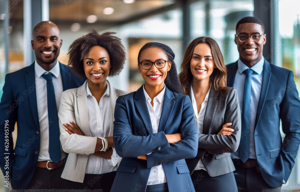A diverse group of businesspeople poses for a professional team photo, exuding confidence and professionalism, while looking smart and impeccable. Generative AI. A diverse group of businesspeople poses for a professional team photo, exuding confidence and professionalism, while looking smart and impeccable. Generative AI.