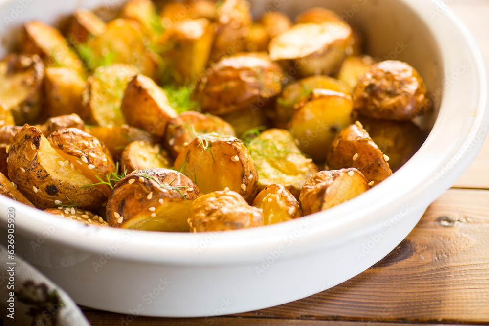 potatoes baked with sesame seeds, herbs and spices in the oven potatoes baked with sesame seeds, herbs and spices in the oven