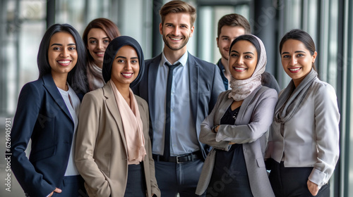 A diverse group of businesspeople poses for a professional team photo, exuding confidence and professionalism, while looking smart and impeccable. Generative AI.