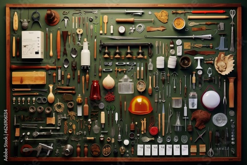 Laboratory tools layout, deconstructed. Beautiful illustration picture. Generative AI