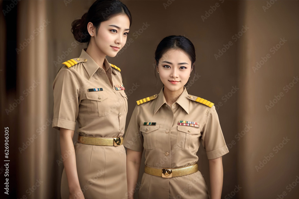 photo of middle aged asian woman in Thai teacher uniform, generative AI photo of middle aged asian woman in Thai teacher uniform, generative AI