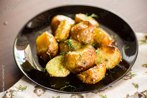 potatoes baked with sesame seeds, herbs and spices in the oven