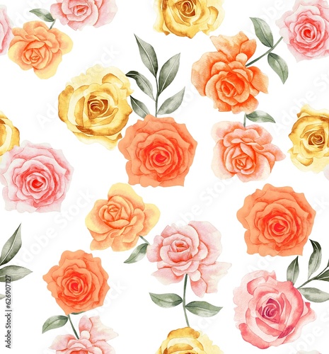 Watercolor flowers pattern  red and yellow roses  green leaves  white background  seamles