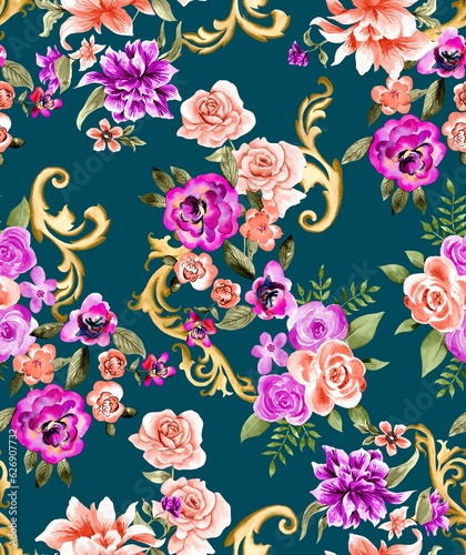 Watercolor flowers pattern, purple tropical elements, golden ornaments, green leaves, green background, seamless © Leticia Back