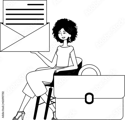 The female child is holding a letter . topic of crucial message . total darkness and white linear stylus. Trendy style, Vector Illustration