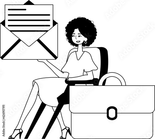 The female child is holding a letter . subject of crucial message . entire darkness and White linear stylus. Trendy style, Vector Illustration