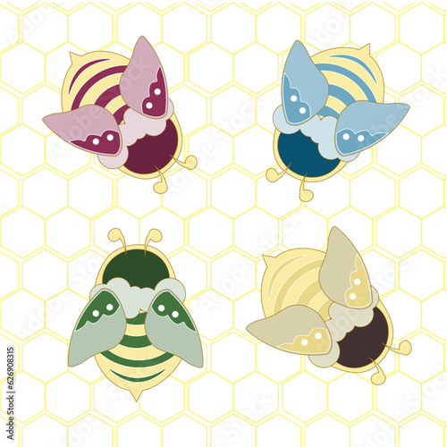 Bees of different colors on a honeycomb. Isolated elements, badges, icons, print, decor, cover, notebook