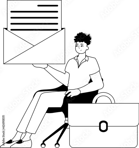 The guy is holding a letter . subject of important message . black and white linear style. Trendy style, Vector Illustration