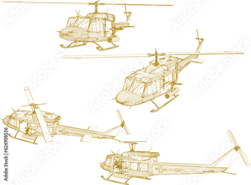 Sketch vector illustration of a stealth air combat troop heli vehicle with guns