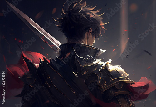 A guy with a sword in battle in anime style. AI Generated
