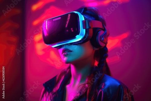 Girl in virtual reality glasses. neon light. metaverse. virtual world. © AndErsoN