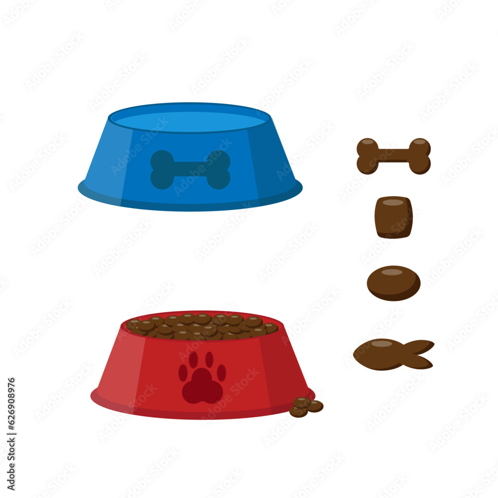 Dog or cat dry food bowl. Bone and fish shaped crisps. Red and blue pet bowl with dry food. Flat style vector illustration isolated on white background
