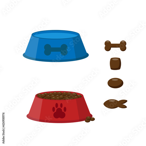 Obraz na płótnie Dog or cat dry food bowl. Bone and fish shaped crisps. Red and blue pet bowl with dry food. Flat style vector illustration isolated on white background w salonie