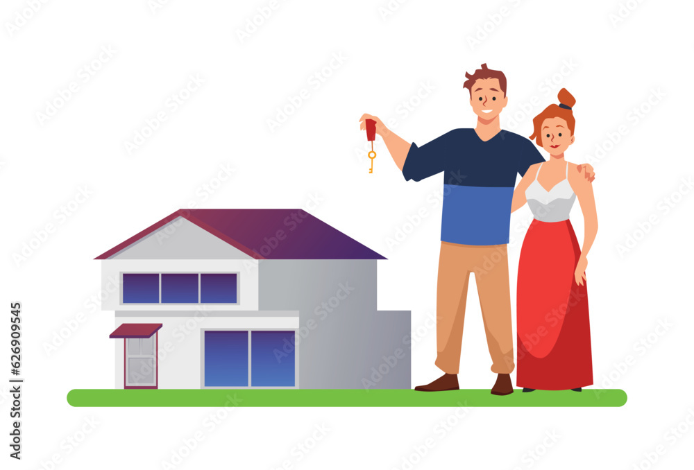 Happy young man and woman holding key to new house flat style, vector illustration