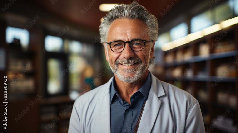 Portrait of senior male pharmacist smiling at camera in drugstore. Portrait of senior male pharmacist smiling at camera in drugstore.