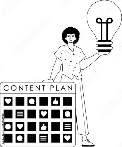 Guy , content plan and fall light bulb . capable of social network . black and white linear vogue. Trendy style, Vector Illustration
