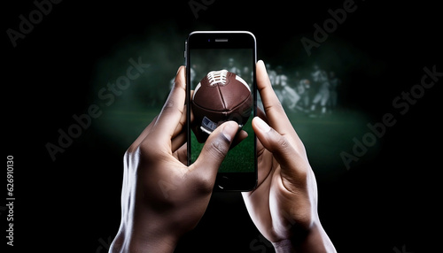 Stay Connected to the Rugby Thrills Hands Holding Mobile Phone with Virtual Rugby Screen