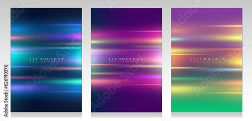 Futuristic cover set. Strips of neon ray on gradient background. Colorful horizontal lights, glowing effect. 