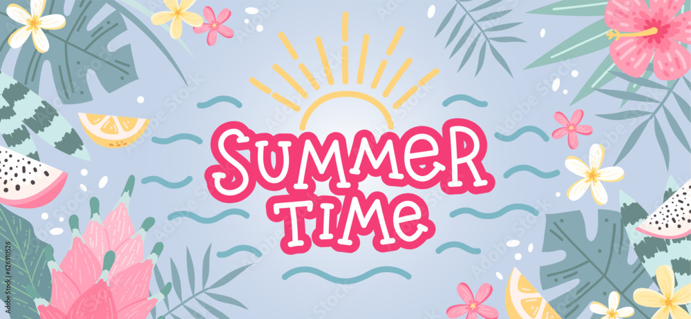 Hello Summer lettering, background with flowers and leaves. Hand drawn vector illustration Hello Summer lettering, background with flowers and leaves. Hand drawn vector illustration
