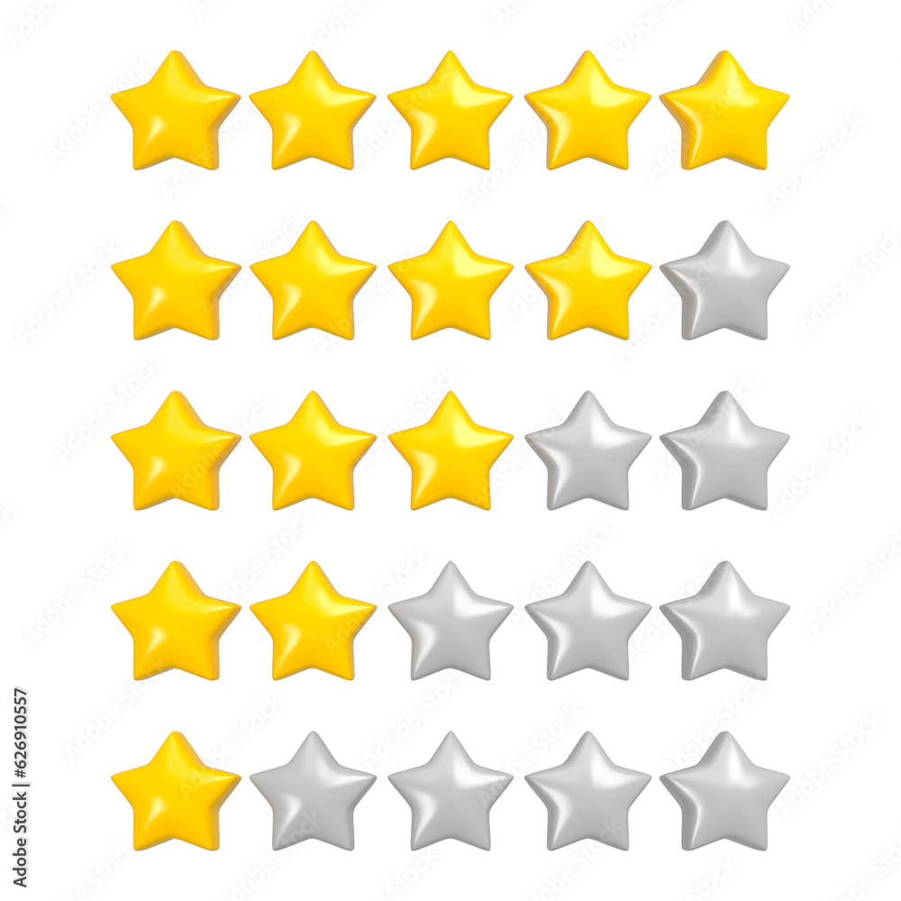 Set of five stars for best excellent services rating for satisfaction isolated. Customer rating feedback web UI concept. 3d rendering. Set of five stars for best excellent services rating for satisfaction isolated. Customer rating feedback web UI concept. 3d rendering.