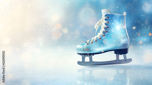 A single shiny blue ice skate on light blue bokeh background. Blue glittering ice skates banner with copy space for text. Winter sports and activity concept, figure ice skating background. AI photo