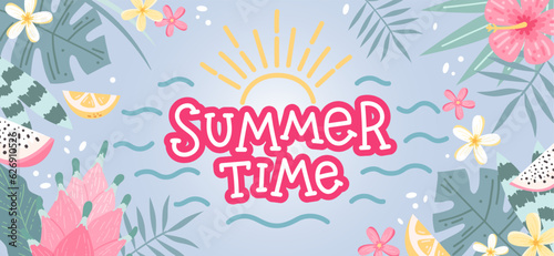 Hello Summer lettering, background with flowers and leaves. Hand drawn vector illustration