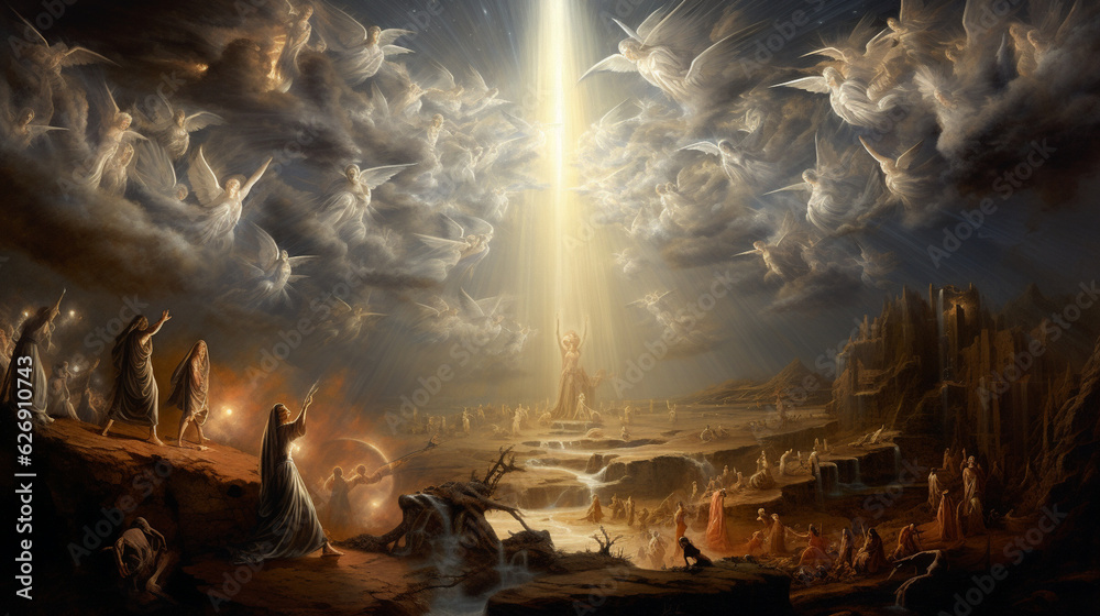 A captivating portrayal of the Annunciation to the Shepherds, with angels appearing to announce the birth of Jesus in a heavenly glow Generative AI
