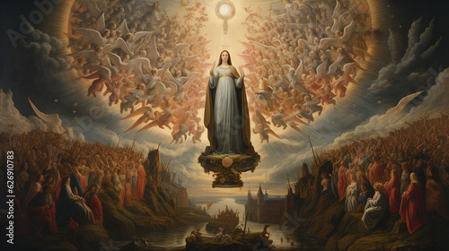 A visually elaborate image of the Coronation of Mary, with her crowned as Queen of Heaven, surrounded by angels and saints Generative AI