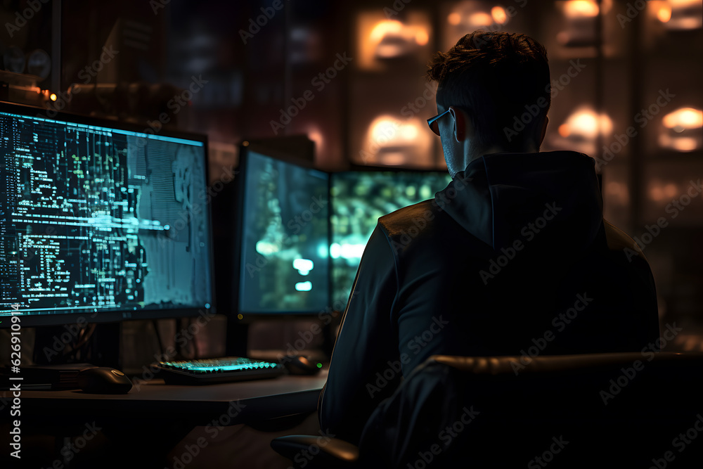 custom made wallpaper toronto digitalCybersecurity Threat - Hacker in Front of Monitors - Generative AI
