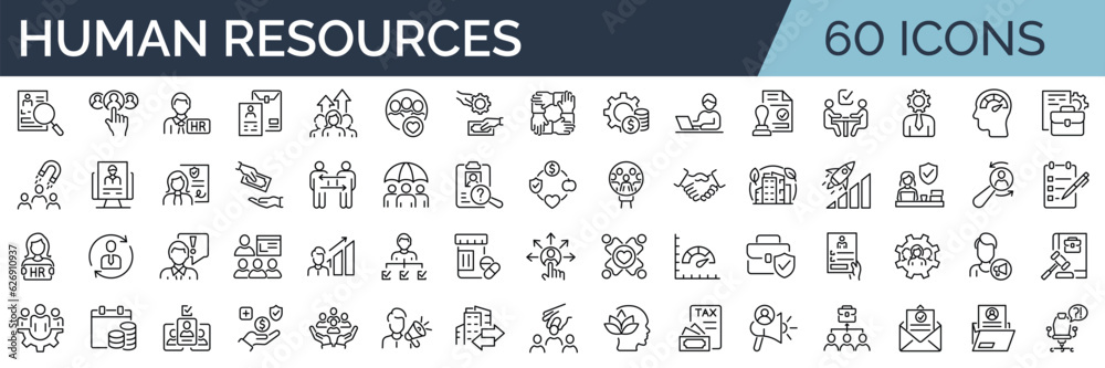 Set of 60 outline icons related to HR, Human Resources, Recruitment, Employment, business, office, company, management. Linear icon collection. Editable stroke. Vector illustration