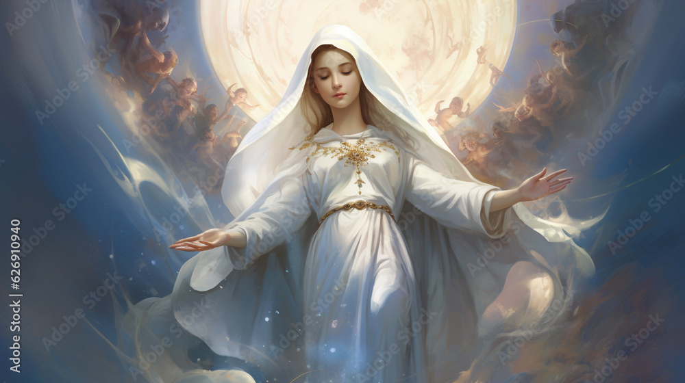 A captivating portrayal of the Immaculate Conception, showing Mary conceived without original sin, adorned in radiant white Generative AI A captivating portrayal of the Immaculate Conception, showing Mary conceived without original sin, adorned in radiant white Generative AI