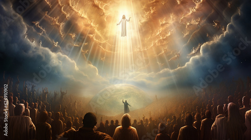 A mesmerizing image of the Ascension, with Jesus ascending to heaven in a burst of light, surrounded by his disciples Generative AI photo