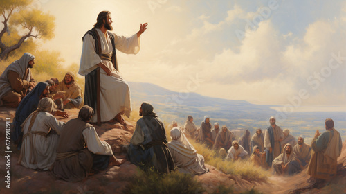 Photographie A captivating portrayal of the Sermon on the Mount, with Jesus teaching a crowd