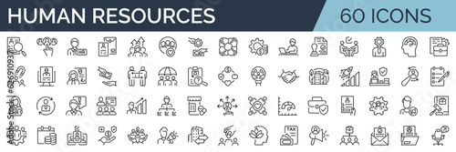 Set of 60 outline icons related to HR, Human Resources, Recruitment, Employment, business, office, company, management. Linear icon collection. Editable stroke. Vector illustration