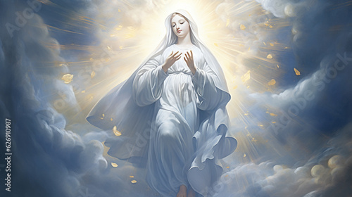 A captivating portrayal of the Immaculate Conception, showing Mary conceived without original sin, adorned in radiant white Generative AI photo