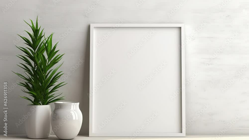 Frame by frame 3D animation interior living room. Empty white frame for art on wall. Elegant furniture in the interior
