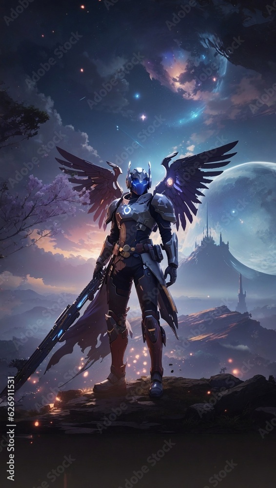 Naklejka premium Angel wearing a robotic armour with wings